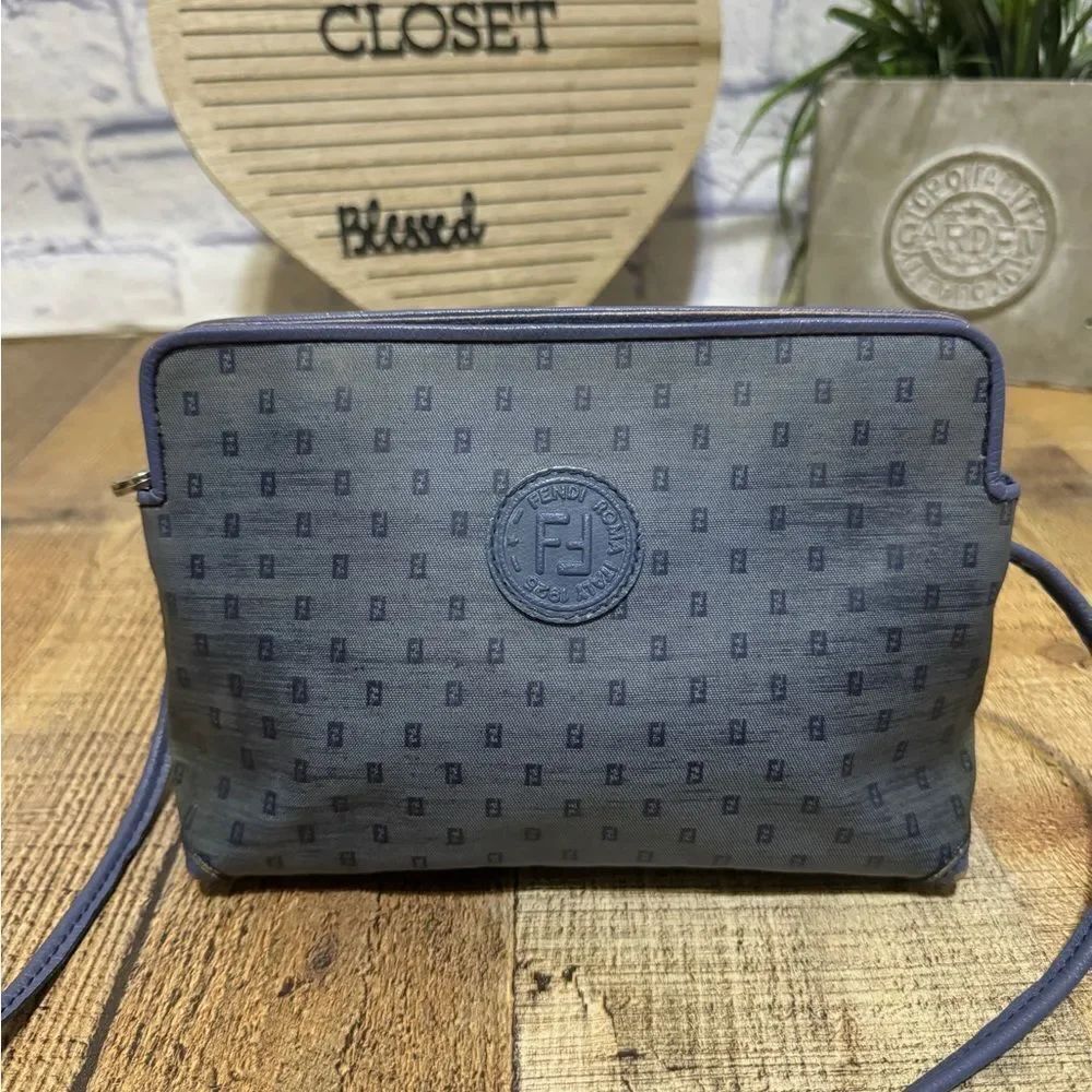Vintage FENDI FF Logo Envelope Bag blue Vinyl Crossbody Flat Hand Bag, Italy COA